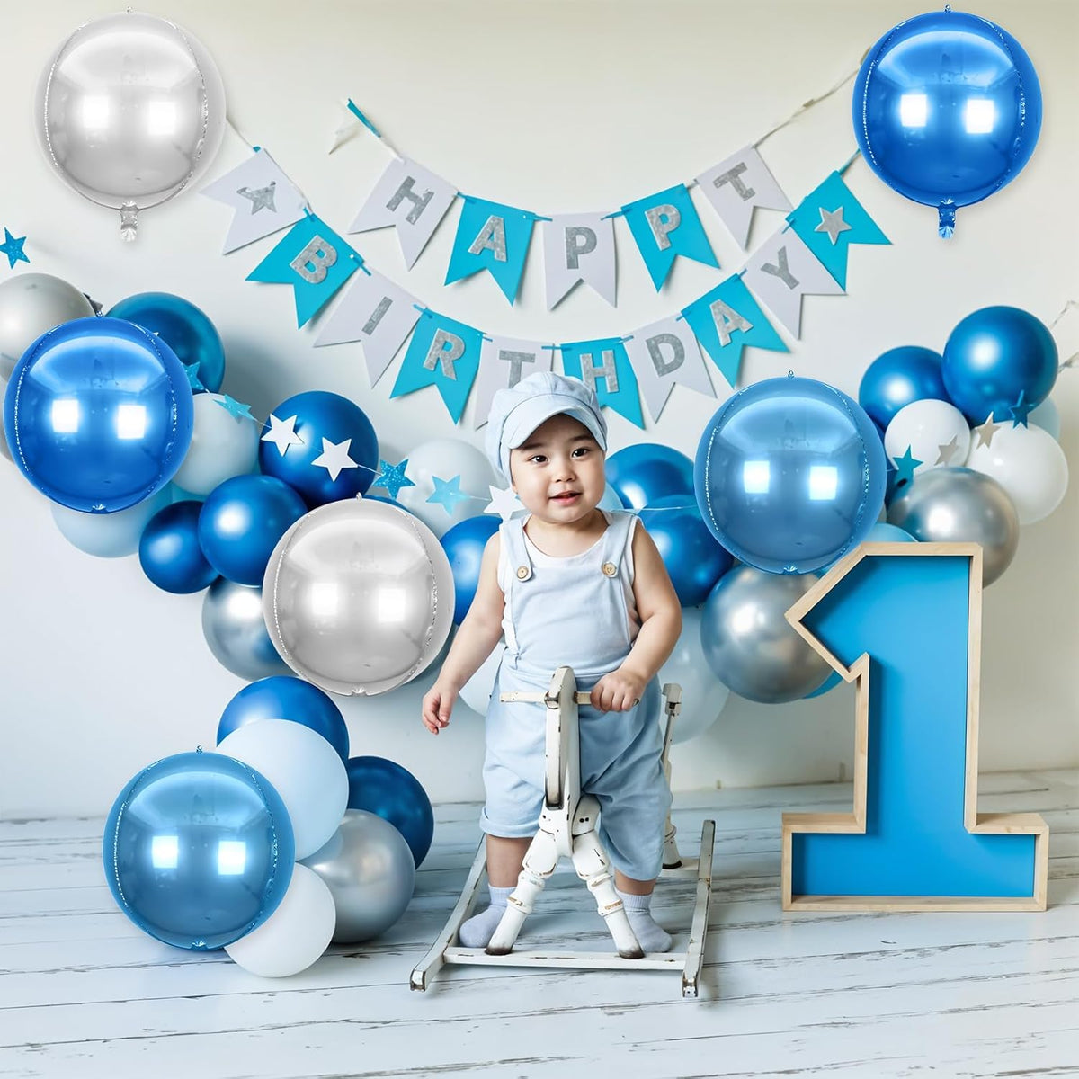 6Pcs Blue Silver Round Foil Balloons,Giant 4D Round Ball Balloons,22 Inch Metallic Blue Silver