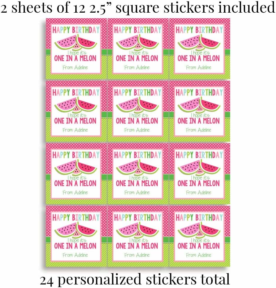 Custom & Personalized One in A Melon Watermelon Happy Birthday Gift Tag Sticker Labels, 24 2.5"