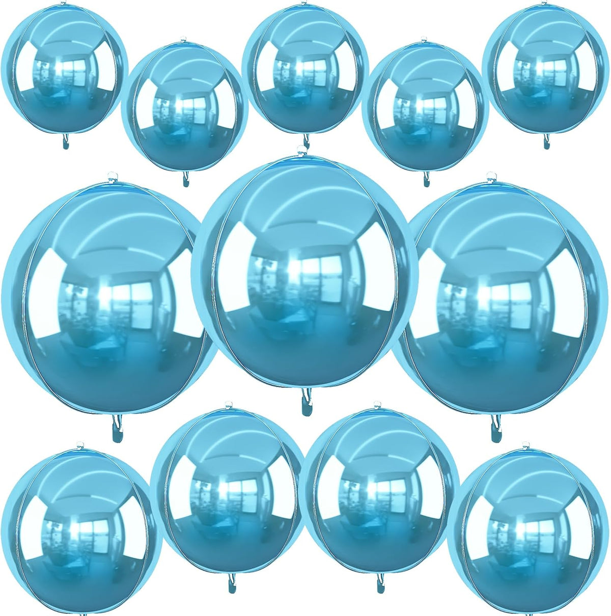 12Pcs Light Blue Round Foil Balloons, 22" 15" 10" 4D Helium Ball Balloon, Metallic Pearl Blue Foil