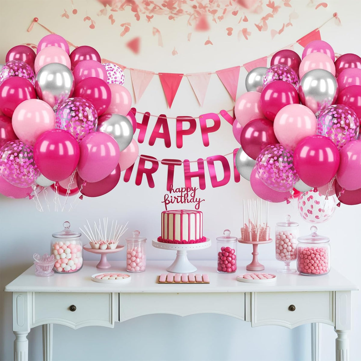 Paready Pink Balloons Set, 50PCS Hot Pink Latex Balloons, 12 Inch Confetti Balloon Metallic Silver