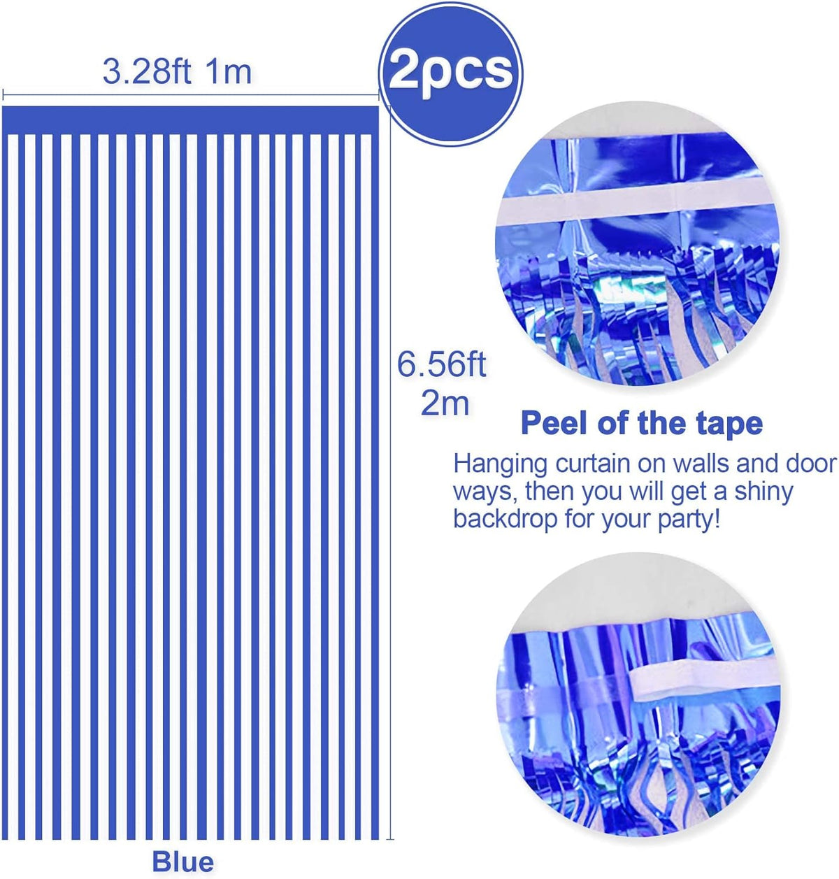 2 Pcs Blue Metallic Tinsel Foil Fringe Curtains Backdrop, 3.28 ft x 6.56 ft Streamers for Birthday