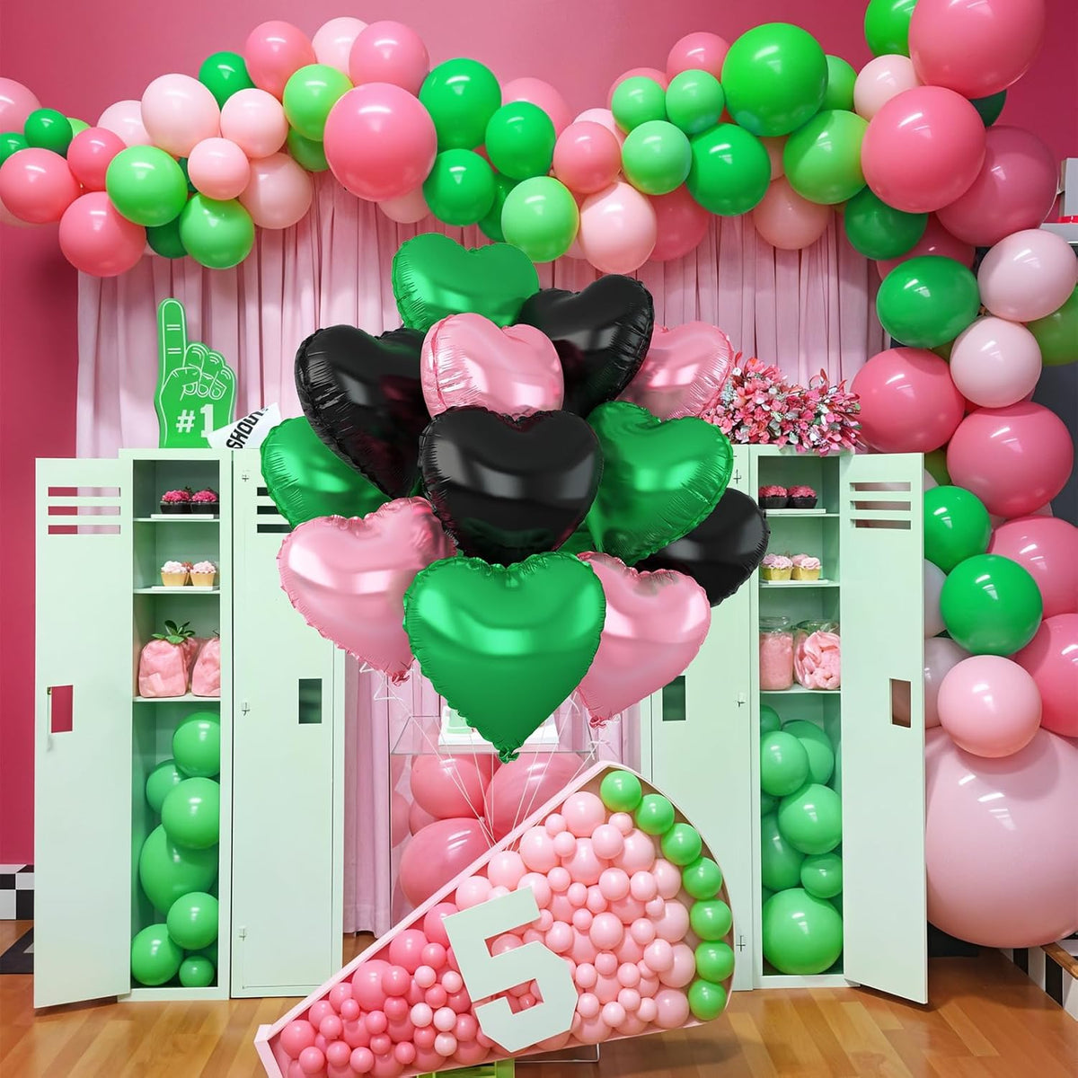 Black Green Pink Heart Balloons,12Pcs 18Inch Pink Green Heart Shaped Foil Helium Balloons for Baby