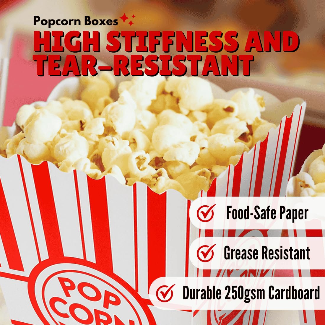 ZEEGO0 50-Pack Popcorn Boxes Bulk, Sturdy and Durable Popcorn Bucket, Large Capacity Containers