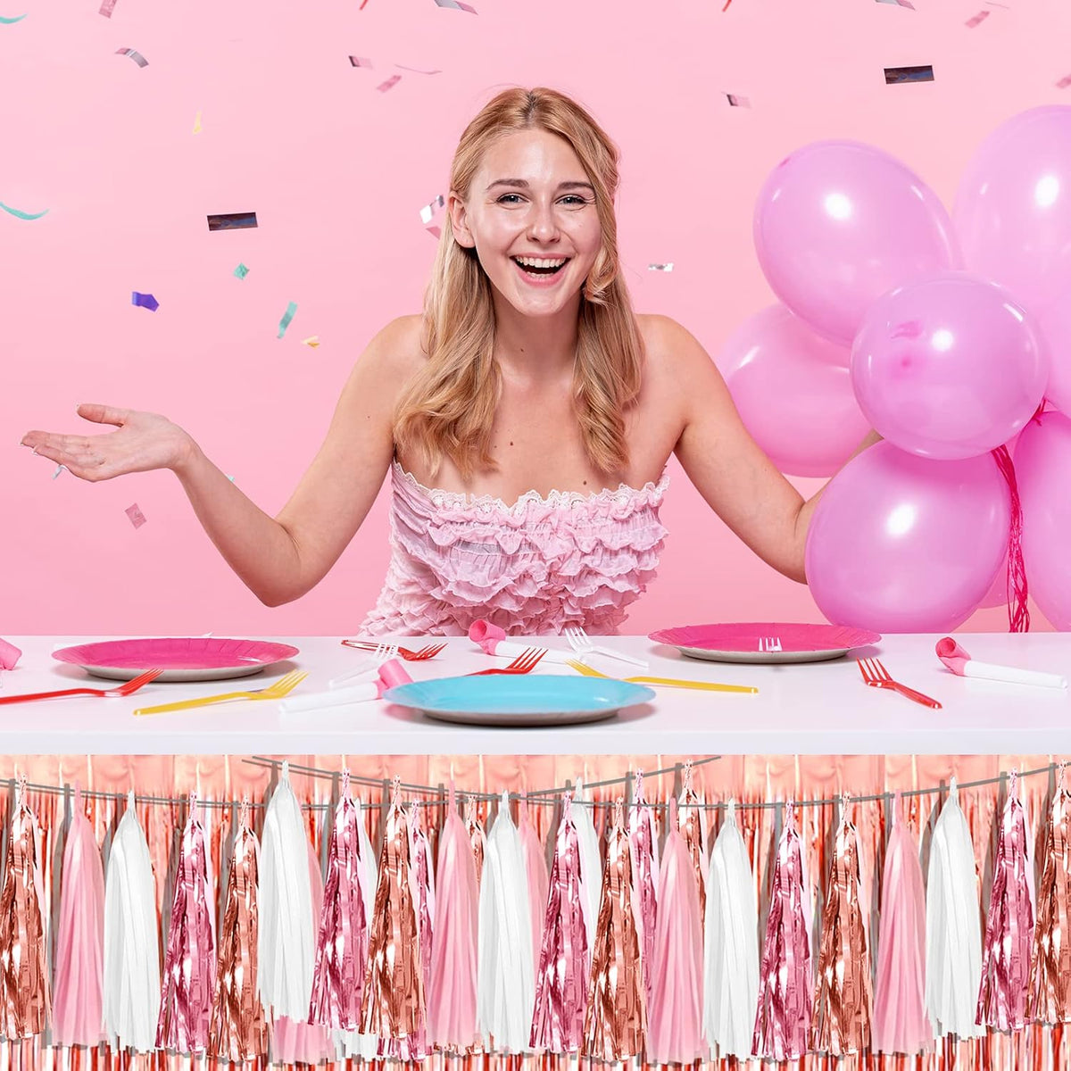 4P Pink White Peach Rose Gold Tassels Party Tassel Garland Banner, Tassels Banner Streamers for
