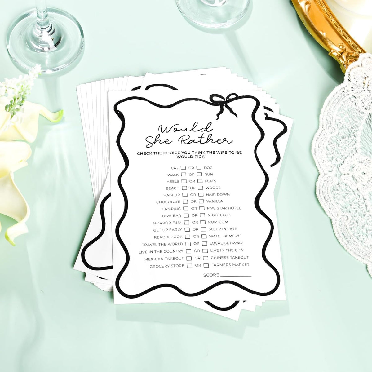 DEEKA 30 PCS Bridal Shower Games Card for 30 Guests Black Wavy Border Ribbon Bow Funny Wedding