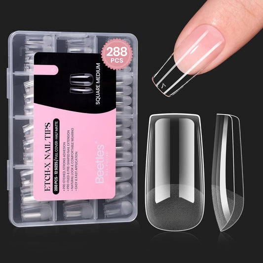 Beetles Gel Nail Tips Etch-X, Square Medium, 288Pcs 12 Sizes, Pre-Etched Half Matte Soft Acrylic