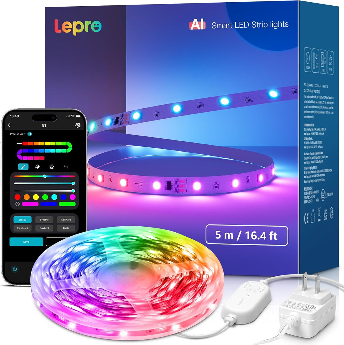 Lepro S1 AI LED Strip Lights for Bedroom - 16.4ft Smart RGB Light Strips with IC and Rainbow