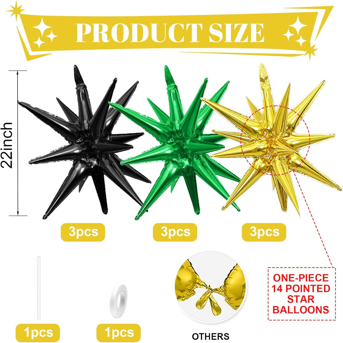 Black Green Gold Star Balloons,9Pcs 22Inch Black Green Gold Explosion Spike Cone Helium Polyester