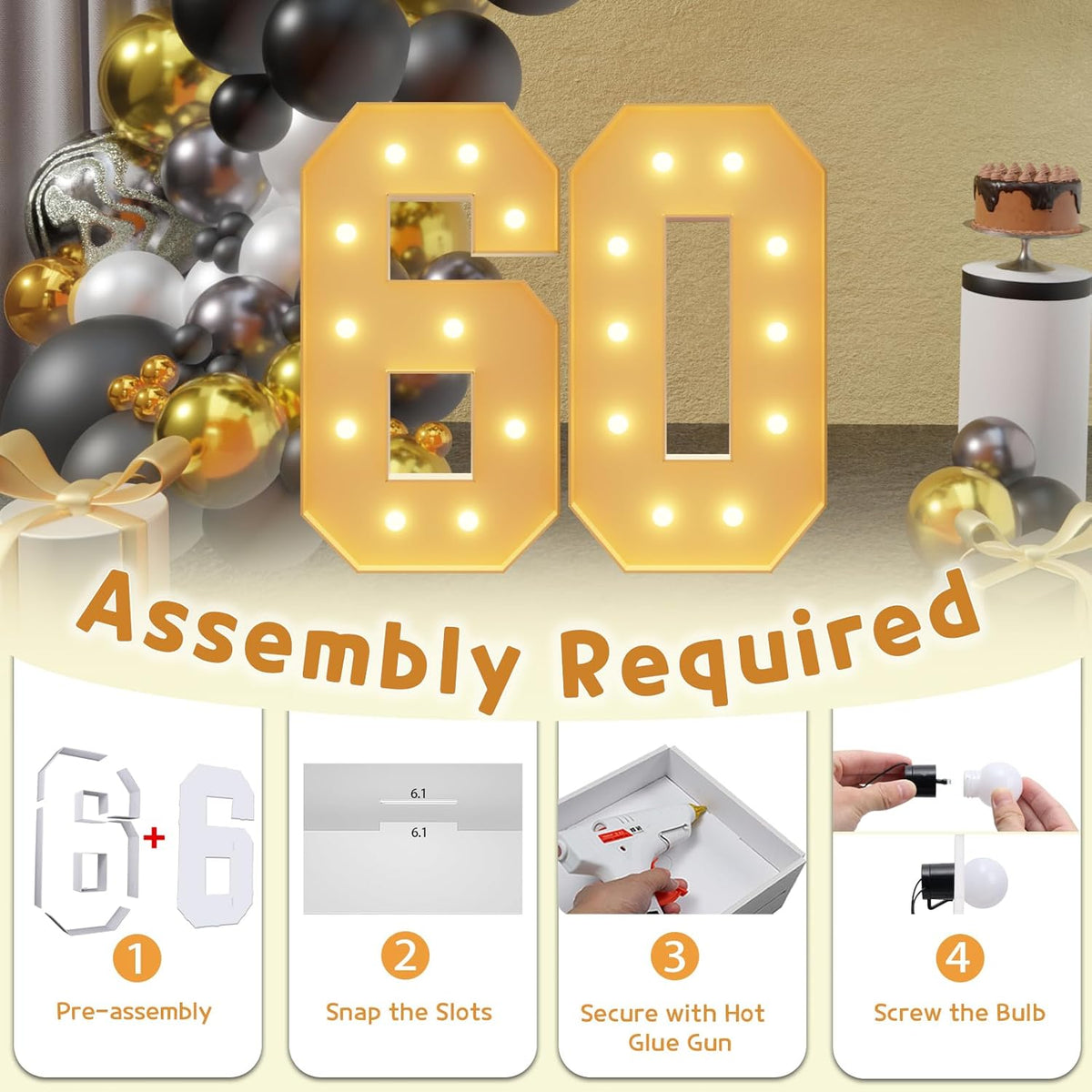 imprsv 4FT Light Up Numbers, Marquee Numbers 60th Birthday Decorations for Women Men, 60th Birthday