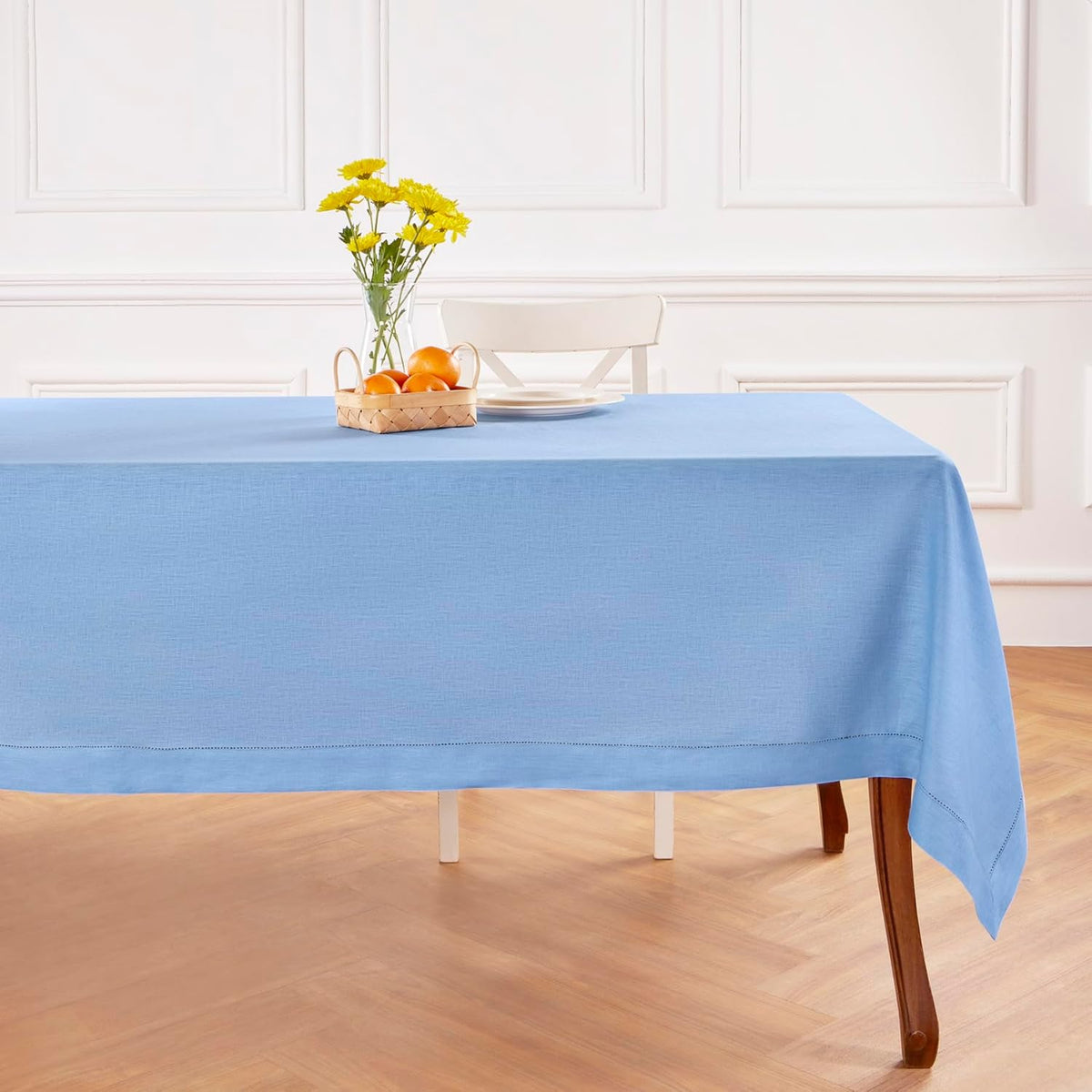 Solino Home Cornflower Blue Linen Tablecloth 60 x 90 Inch - 100% Pure Linen Hemstitch Table Cloth