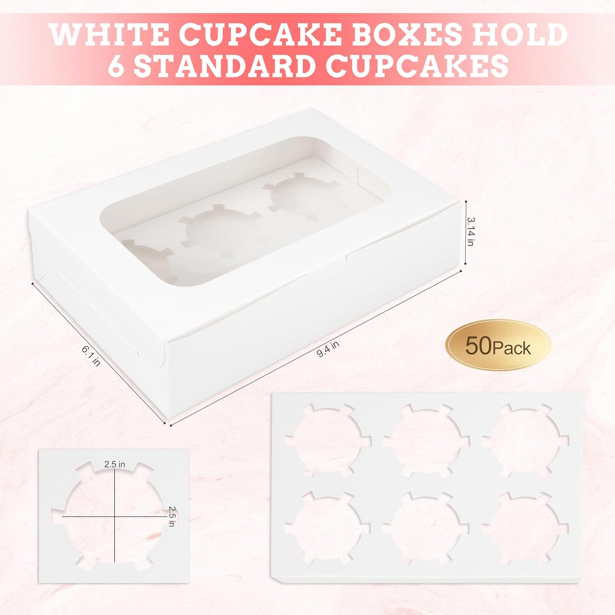 White Cupcake Boxes Holds 6 Standard Cupcake Container,50 Packs,Pastry and