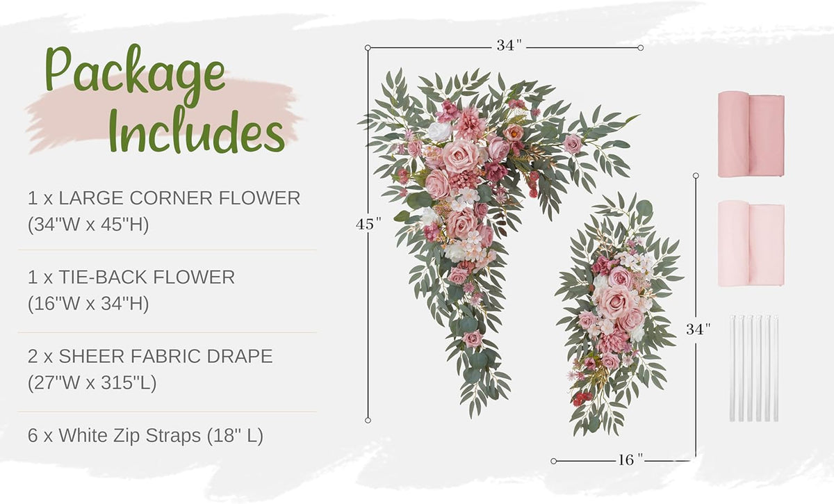 Wedding Arch Flowers with Drapes Kit (Pack of 4) - 2pcs Artificial Dusty Rose Deluxe Swag with 2pcs