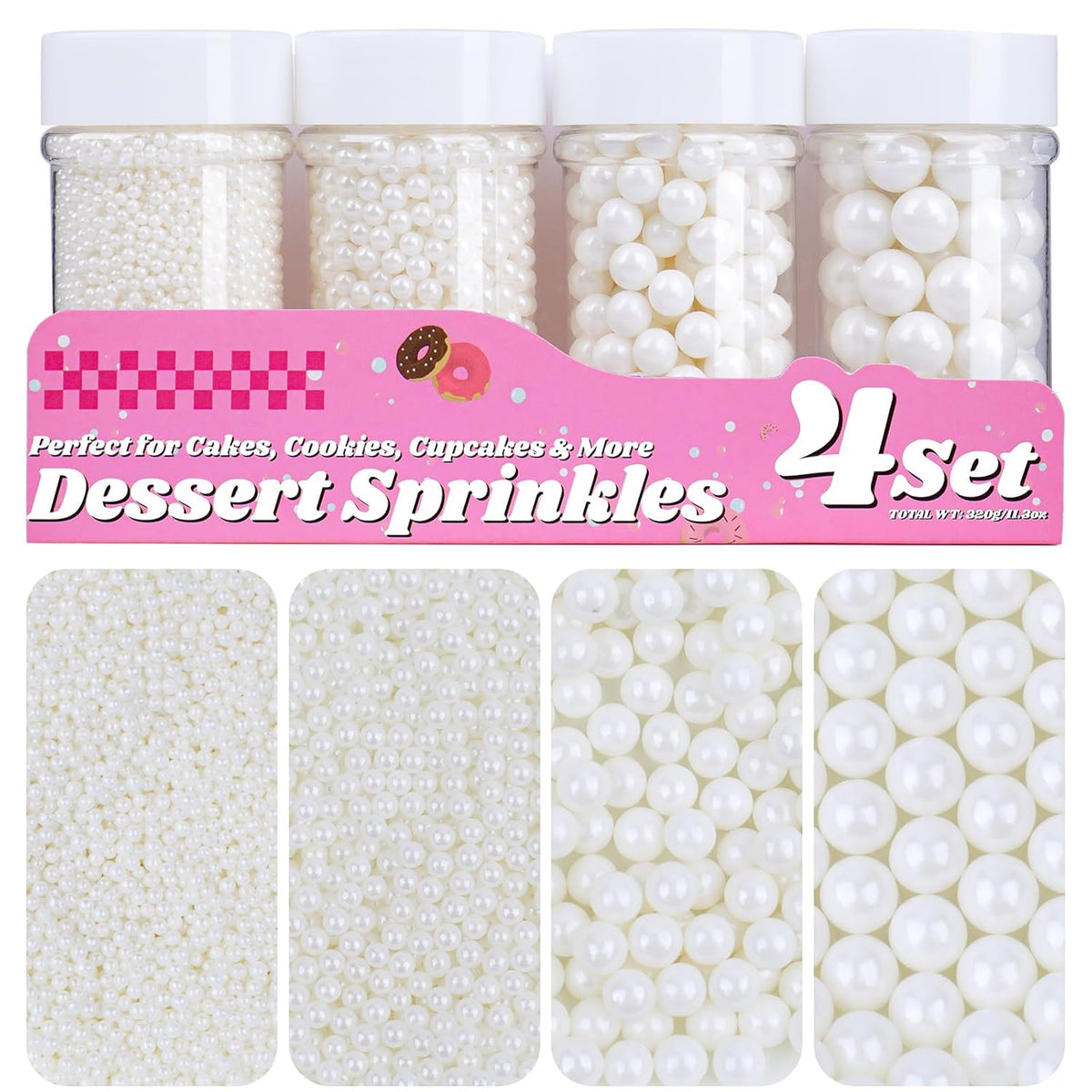 White Pearl Sprinkles for Cake Decorating, 11.3 Oz Edible Pearls Sugar 4 Sizes Gift Box Set for