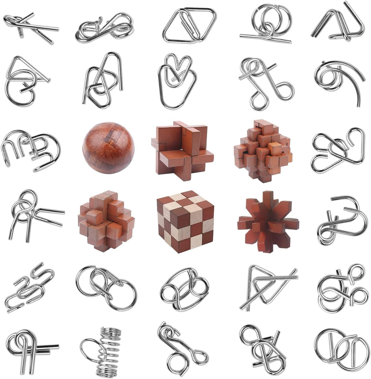 30pcs Brain Teaser Puzzles Game for Adults and Kids Ancient Wooden and Metal Puzzles 3D Educational