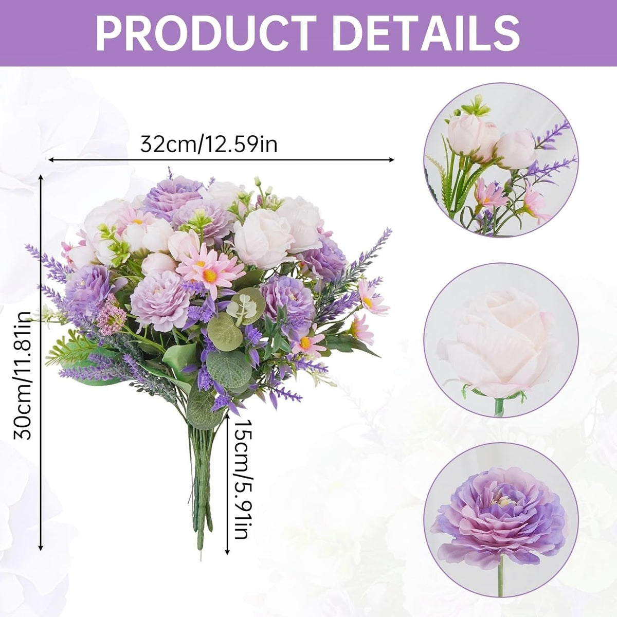 Fake Flowers Purple Artificial Silk Flower Bouquet Faux Flowers for Vase with Rose Peony Daisy for