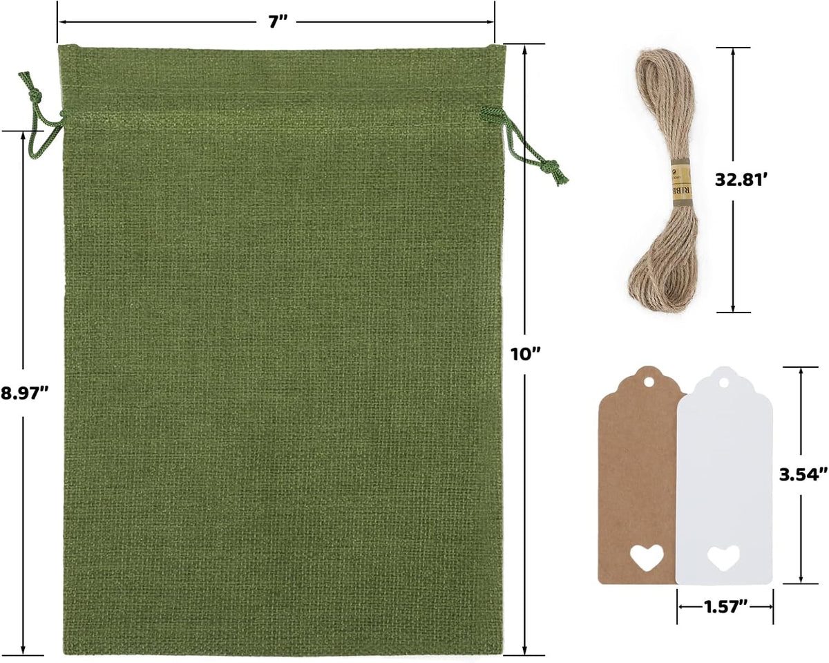 Tapleap Gift Bags - 30Pcs 7x10 Green Burlap Sacks with Tags and String for Wrapping Halloween