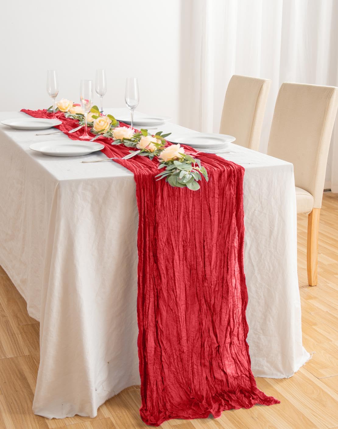 12 Pack Red 10 Ft Cheesecloth Table Runner 20x120 Inch Boho Wrinkled Sheer Romantic Gauze Decor for