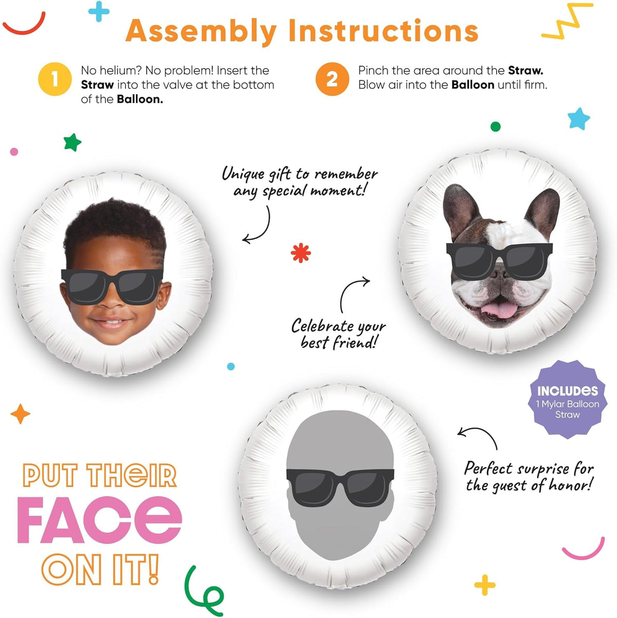 Big Dot of Happiness Personalized Sunglasses Fun Face Photo Balloon, Adults & Kids Summer Birthday