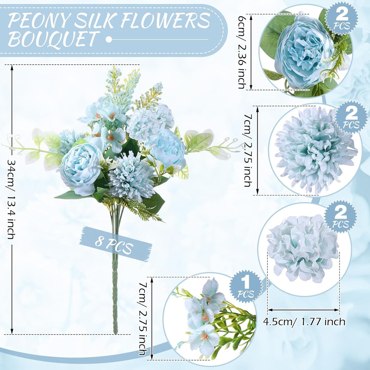 Zeyune 8 Pcs Wedding Silk Flowers Fake Silk Flowers Faux Bouquet Hydrangea Bouquets for Wedding