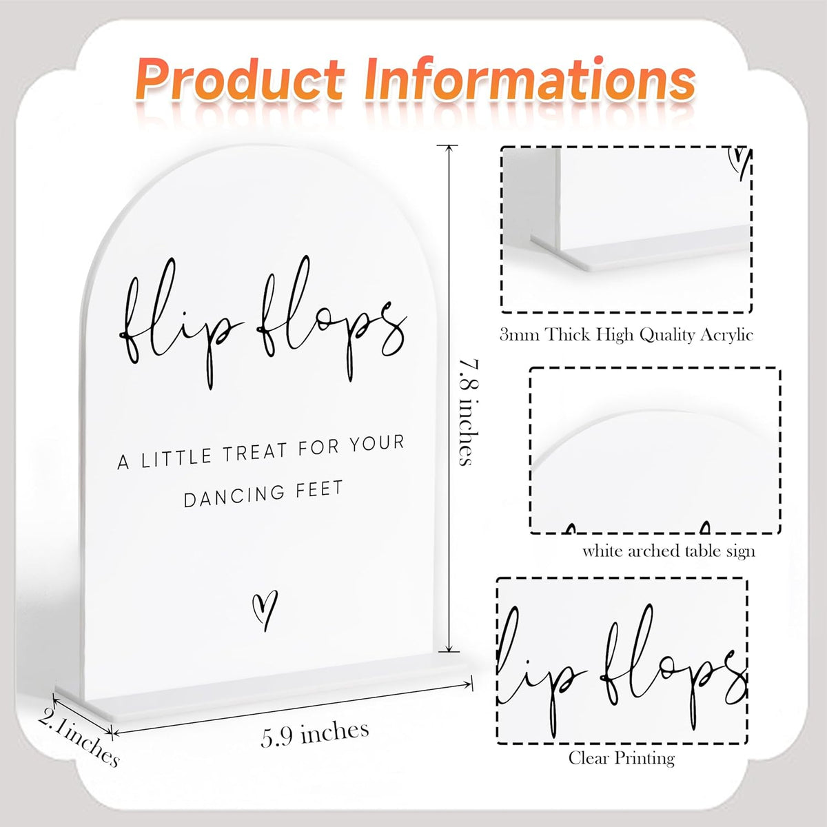 Wedding Flip Flops for Guests Sign, White Arch Acrylic Sign, Wedding Dance Floor Props, Bridal