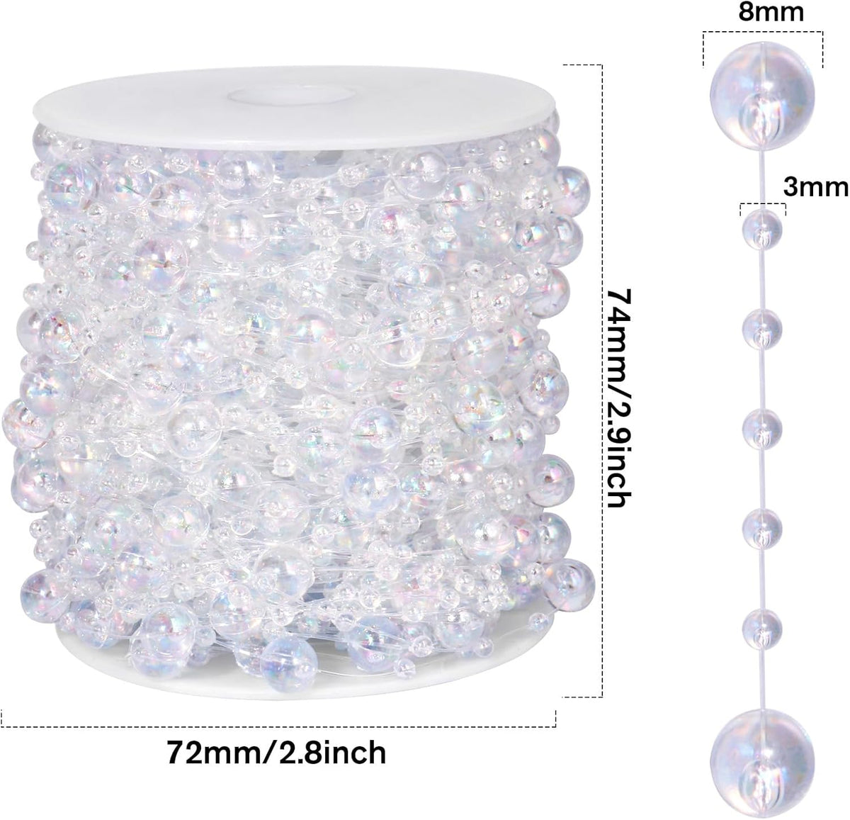 98FT Pearl Beads String Garland, 8mm 3mm Iridescent Faux Pearl Beads Roll Strand Bulk for Wedding