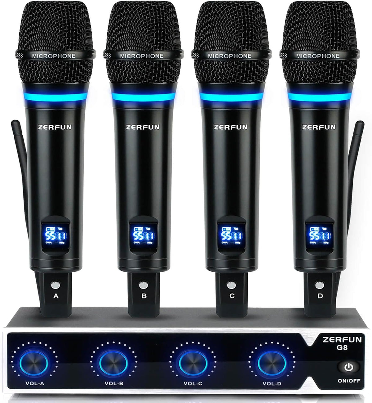 4 Channel Rechargeable Wireless Microphone System, Pro UHF Metal Handheld Wireless Microphones