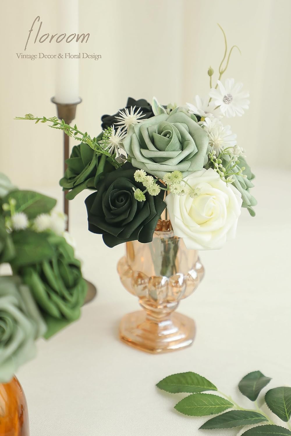 Floroom Artificial Flowers 25pcs Real Looking Forest Green Ombre Colors Foam Fake Roses with Stems