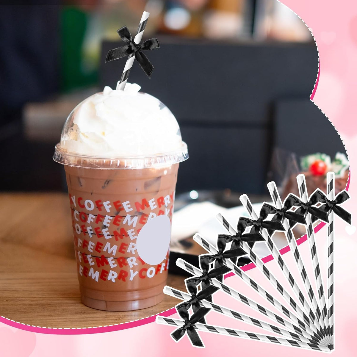 50 Pcs Black Bow Paper Straws for Drinking, Black and White Striped Straw Bulk Disposable