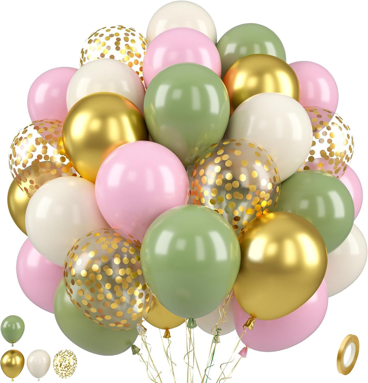 Paready Pink and Green Balloons, 50 PCS Sage Green Pink Balloons, 12 Inch Metallic Gold Confetti