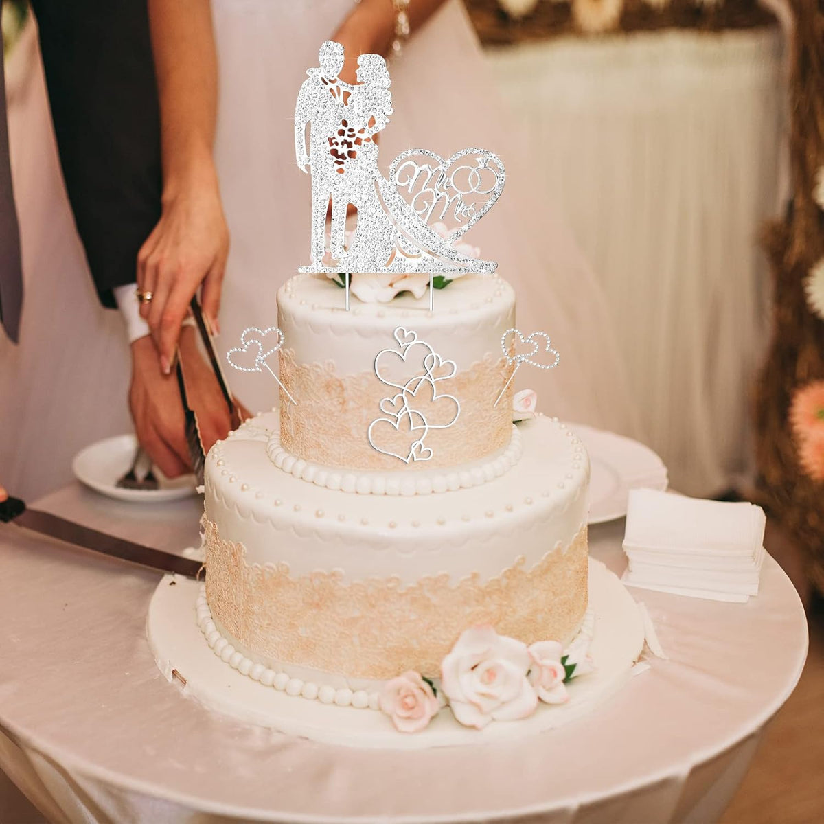 Spiareal 4 Pcs Wedding Cake Topper Mr and Mrs Rhinestone Bride and Groom Love Cake Topper Metal