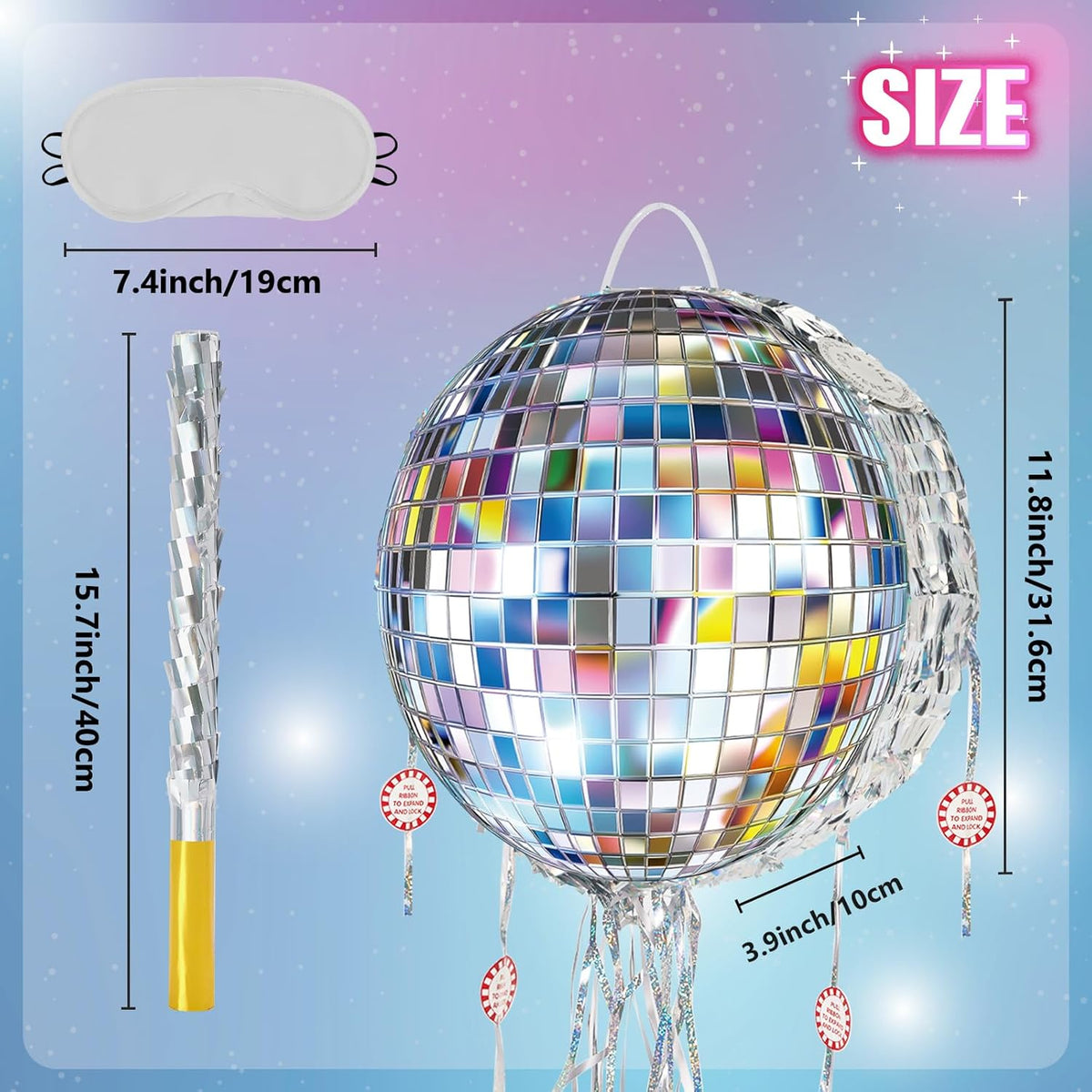 WERNNSAI Disco Ball Piñata - Disco Party Decoration Pull String Mirror Piñata with Bat and