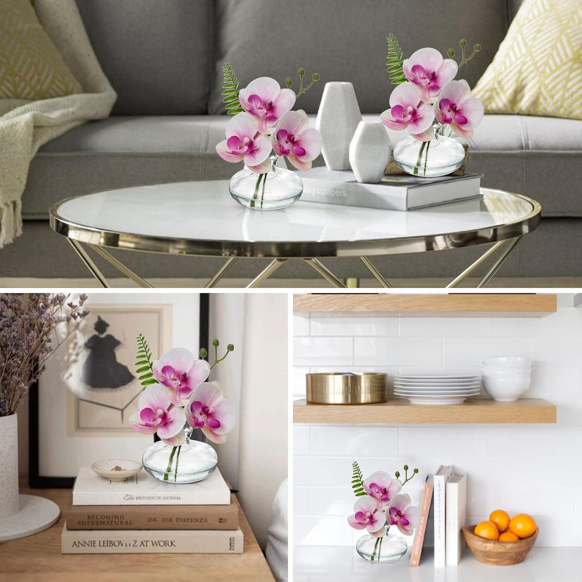 Pink Orchids Artificial Flowers Faux Orchids Arrangement in Clear Glass Vases Set of 3 Real Touch