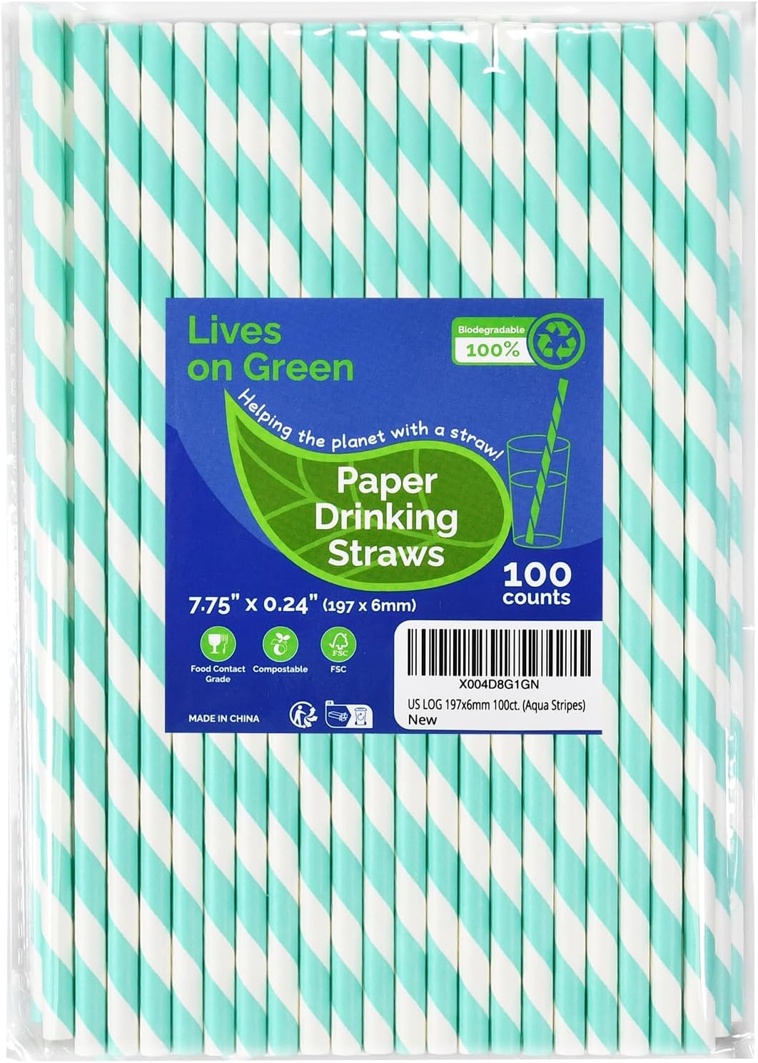 Light Blue 7.75 inch Disposable Paper Straws for Drinking, 100 Counts, Eco-friendly - for Baby
