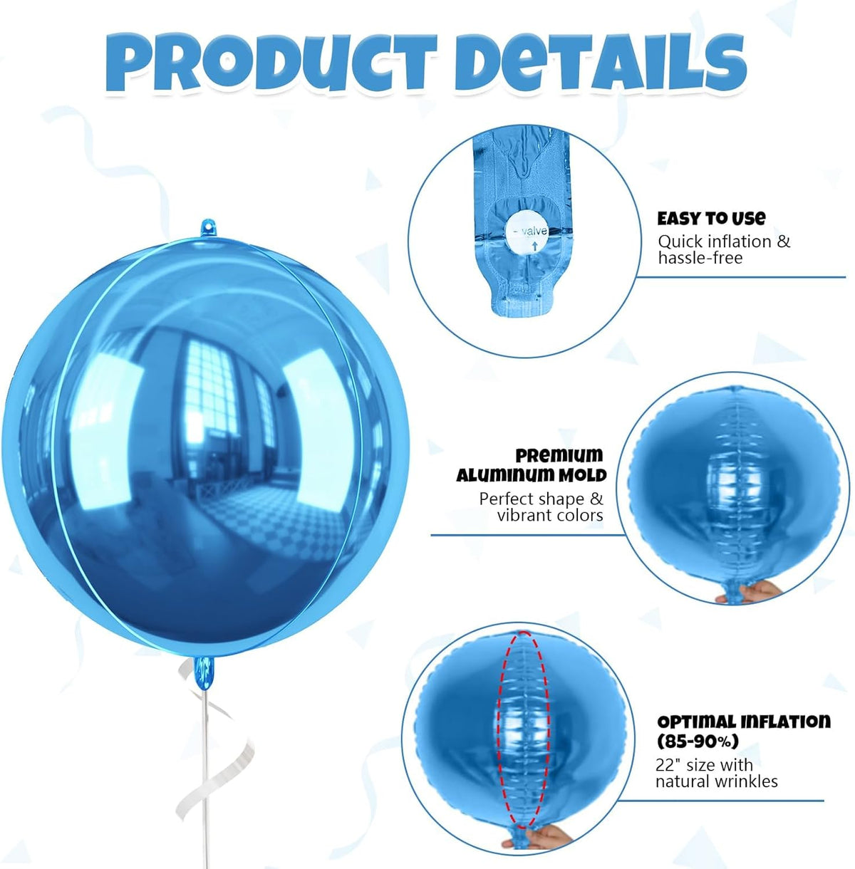 Blue Giant 4D Foil Balloons, 6 Pcs Large Dark Blue Metallic Round Balloons, 22 Inch Big Round Foil