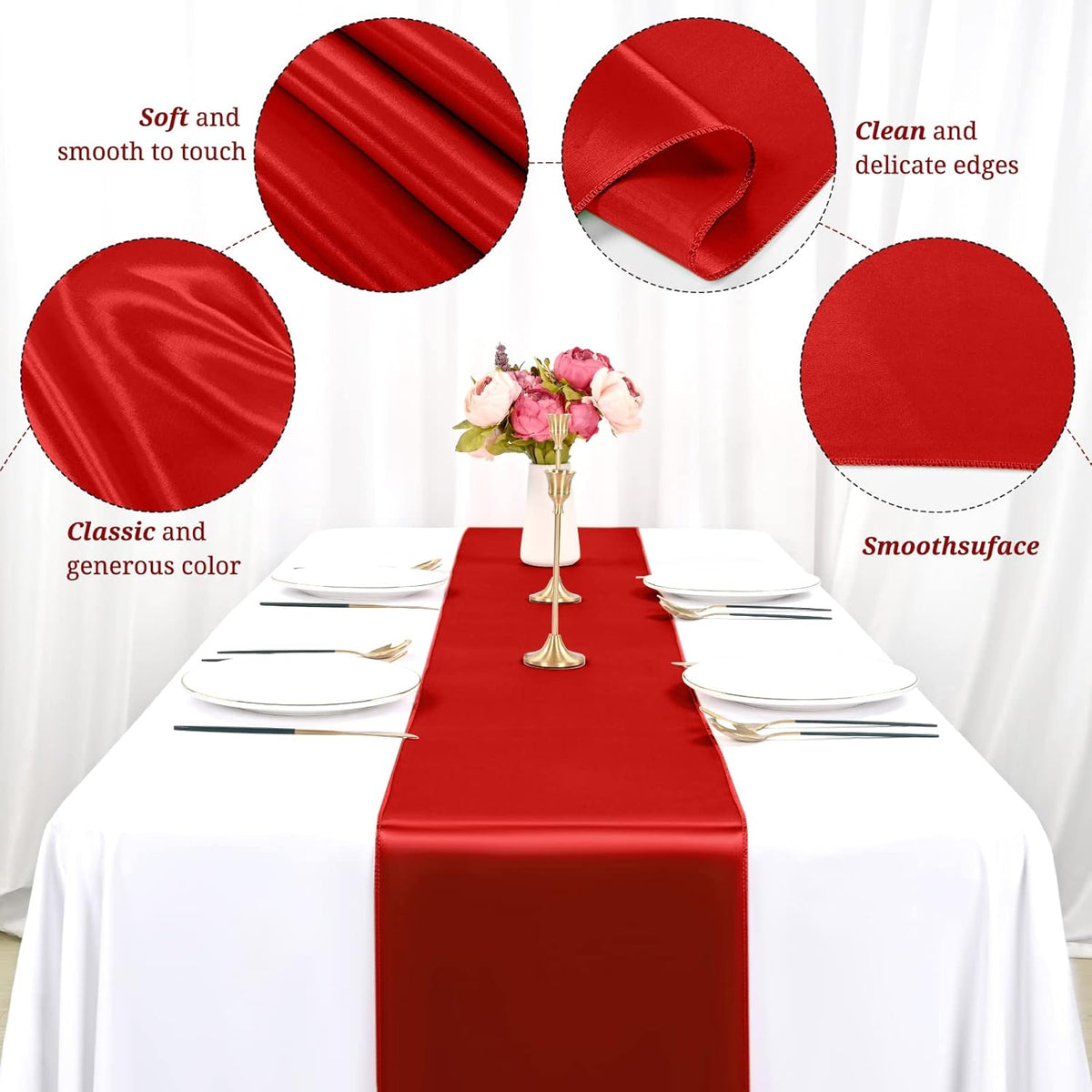 12 Pack Red Satin Table Runner,12 x 108 inch Long Premium Smooth Table Runner for Wedding