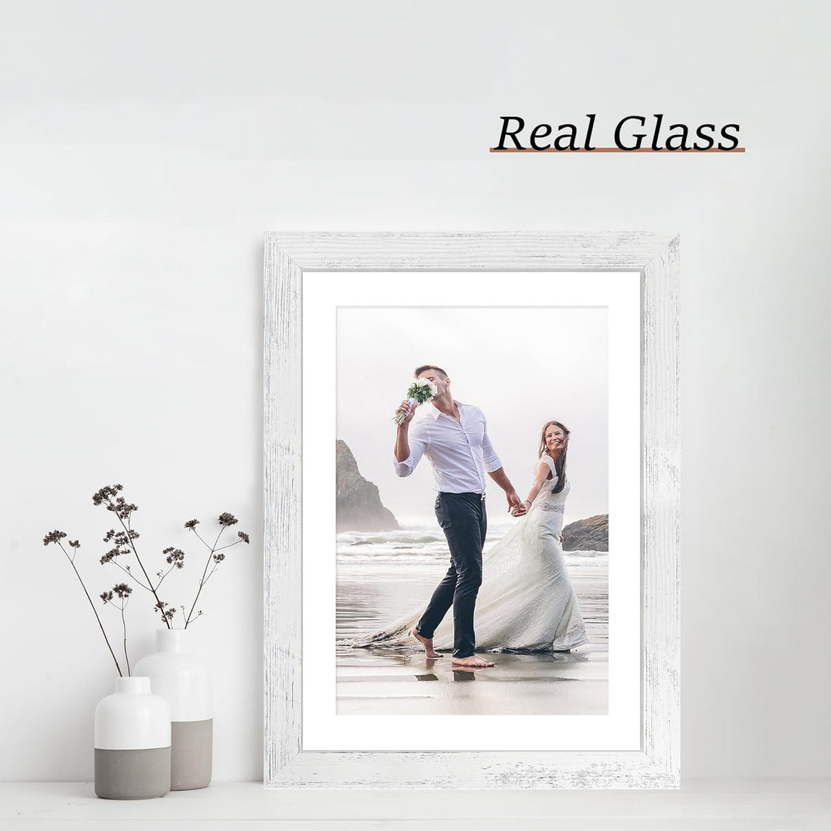 10x14 Picture Frame Set of 4 with Tempered Glass, Distressed White Frame Display 8x12 Picture with