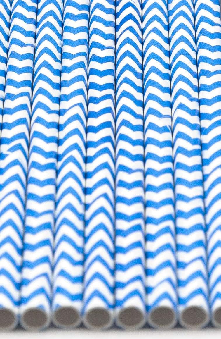 Pack of 900 Sky Blue Chevron Biodegradable 4-Ply Paper Drinking Straws (Compostable, Non-toxic