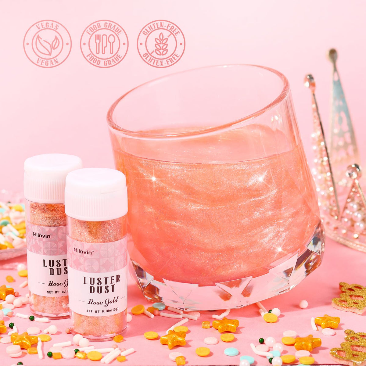 Rose Gold Edible Glitter for Cocktails, 5g Food Grade Glitter, Rose Gold Luster Dust Edible for