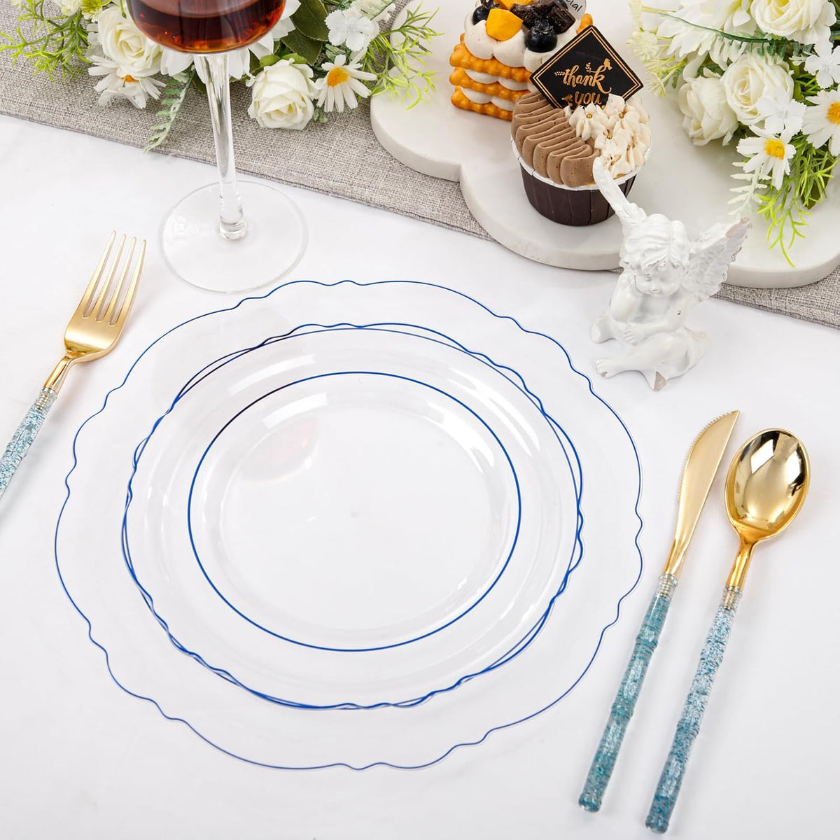 Liacere 150PCS Clear and Blue Plastic Plates-Clear and Blue Disposable Plates with Glitter Bamboo