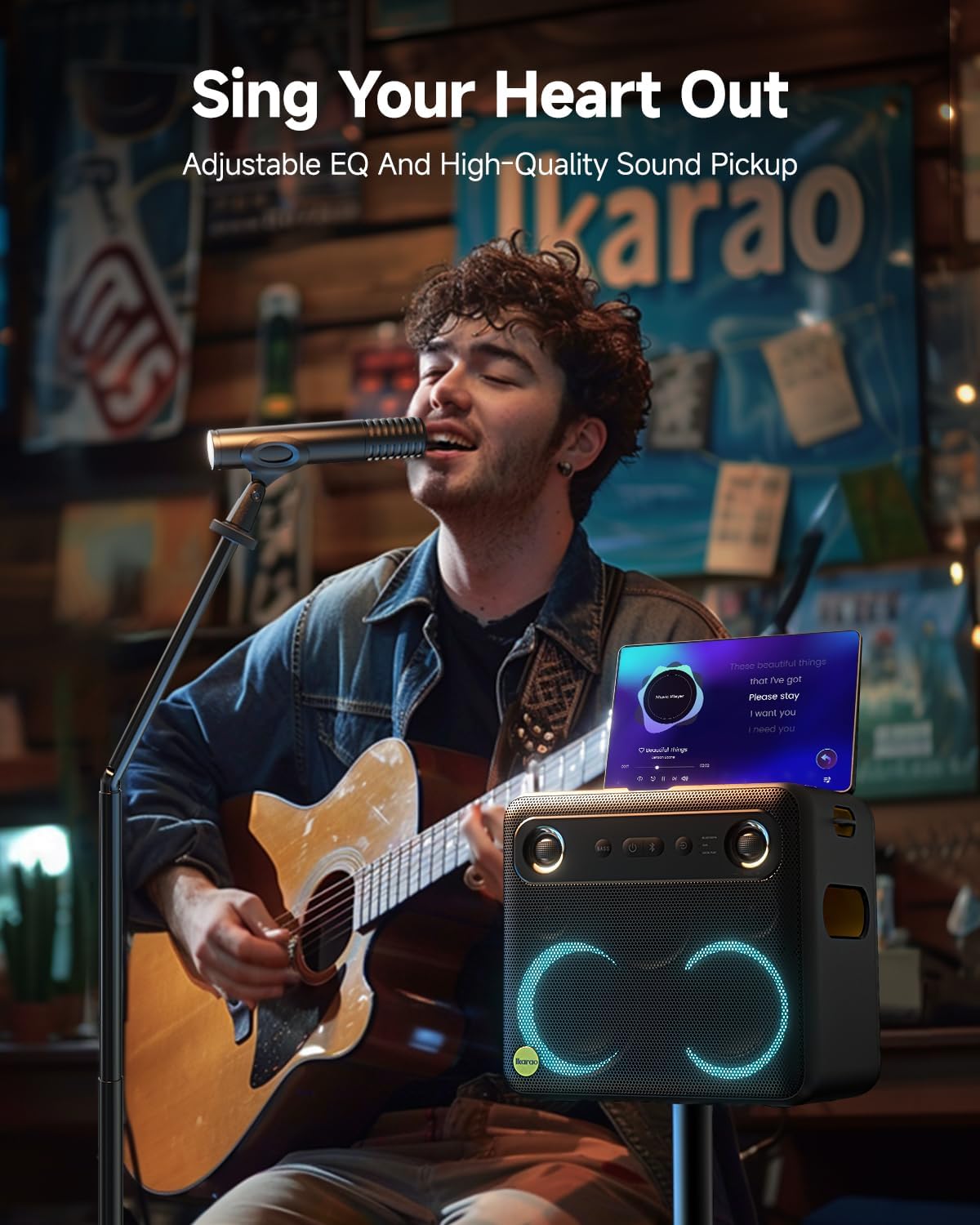 Ikarao Karaoke Machine with Microphone Stand, Portable Bluetooth Speaker for Party, Backyard