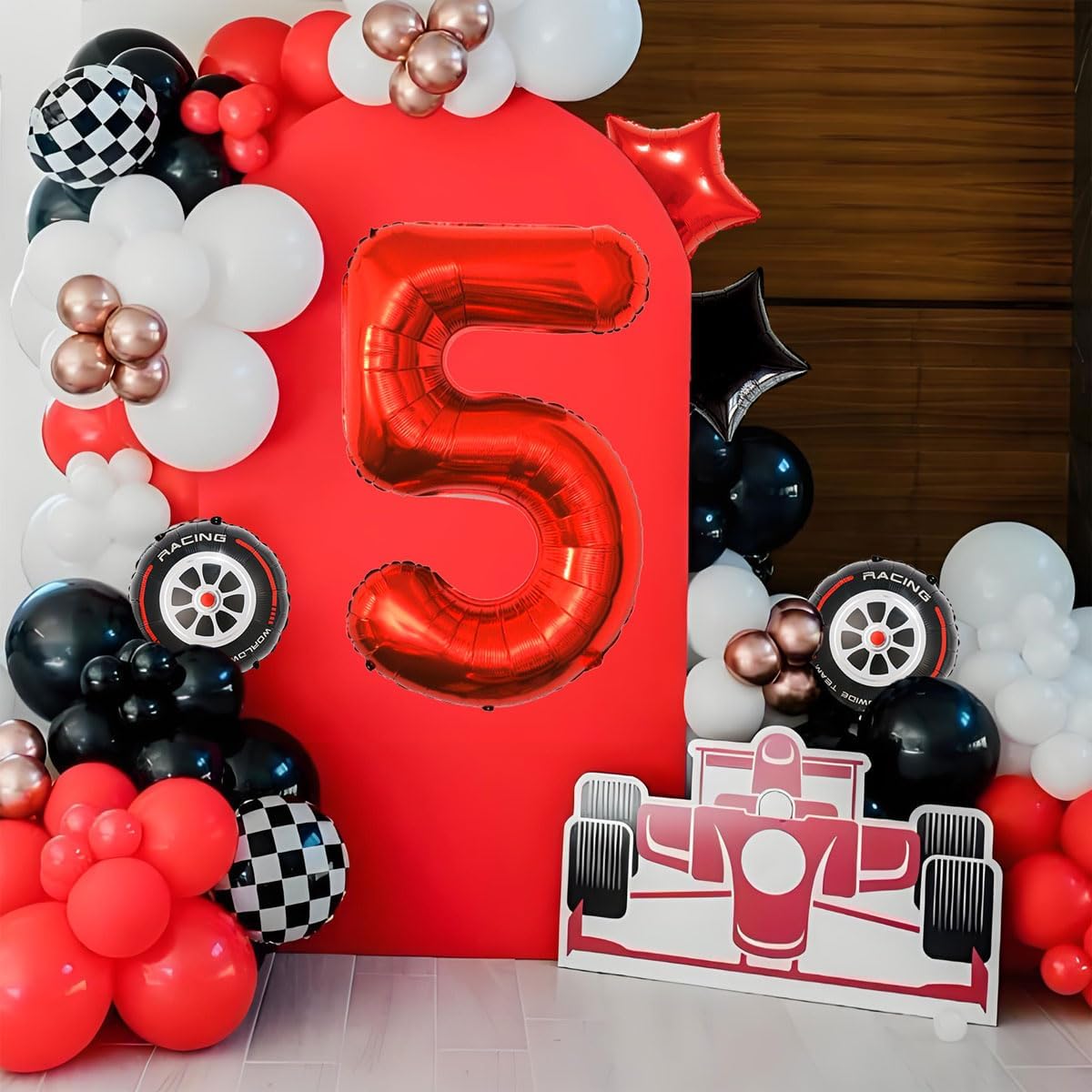 Race Car Birthday Party Decorations - 40 Inch Mylar Red Number 5 Balloons - Black Foil Checkered