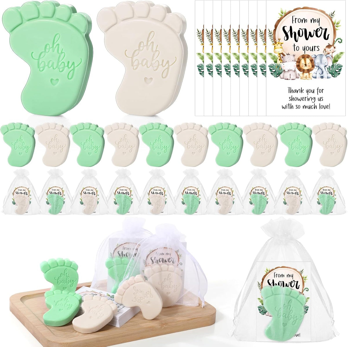 50 Sets Baby Shower Soap Favors for Guests - Mini Handmade Footprint Scented Soap with Thank You