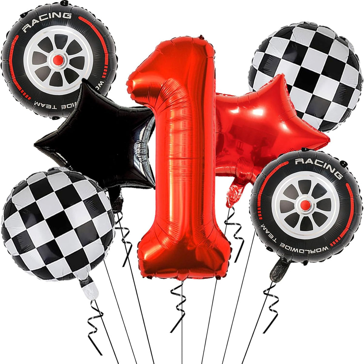 Race Car Birthday Party Decorations - 40 Inch Mylar Red Number 1 Balloons - Black Foil Checkered