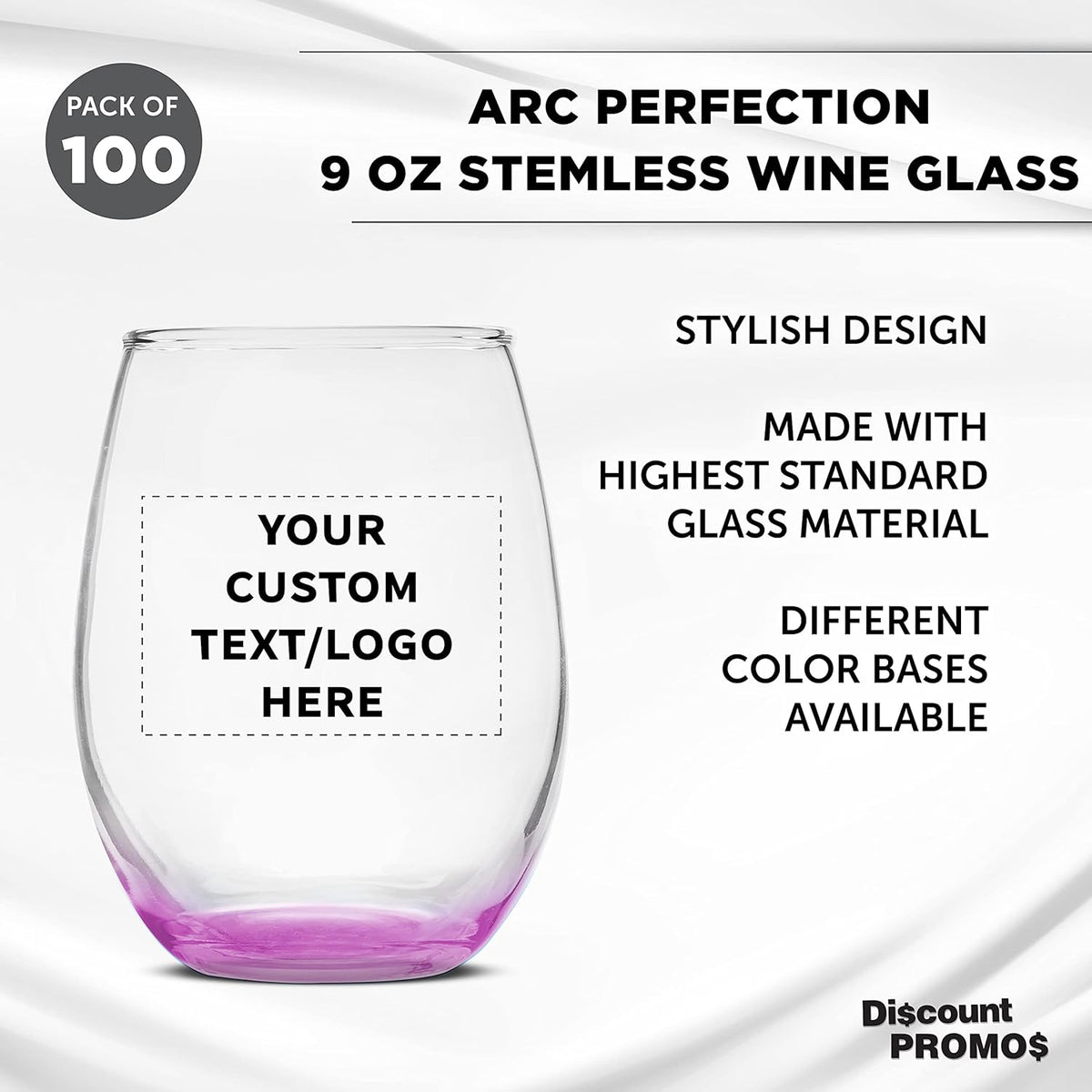 Custom Stemless Wine Glass 9 oz. Set of 100, Personalized Bulk Pack - Great for Wedding Favors