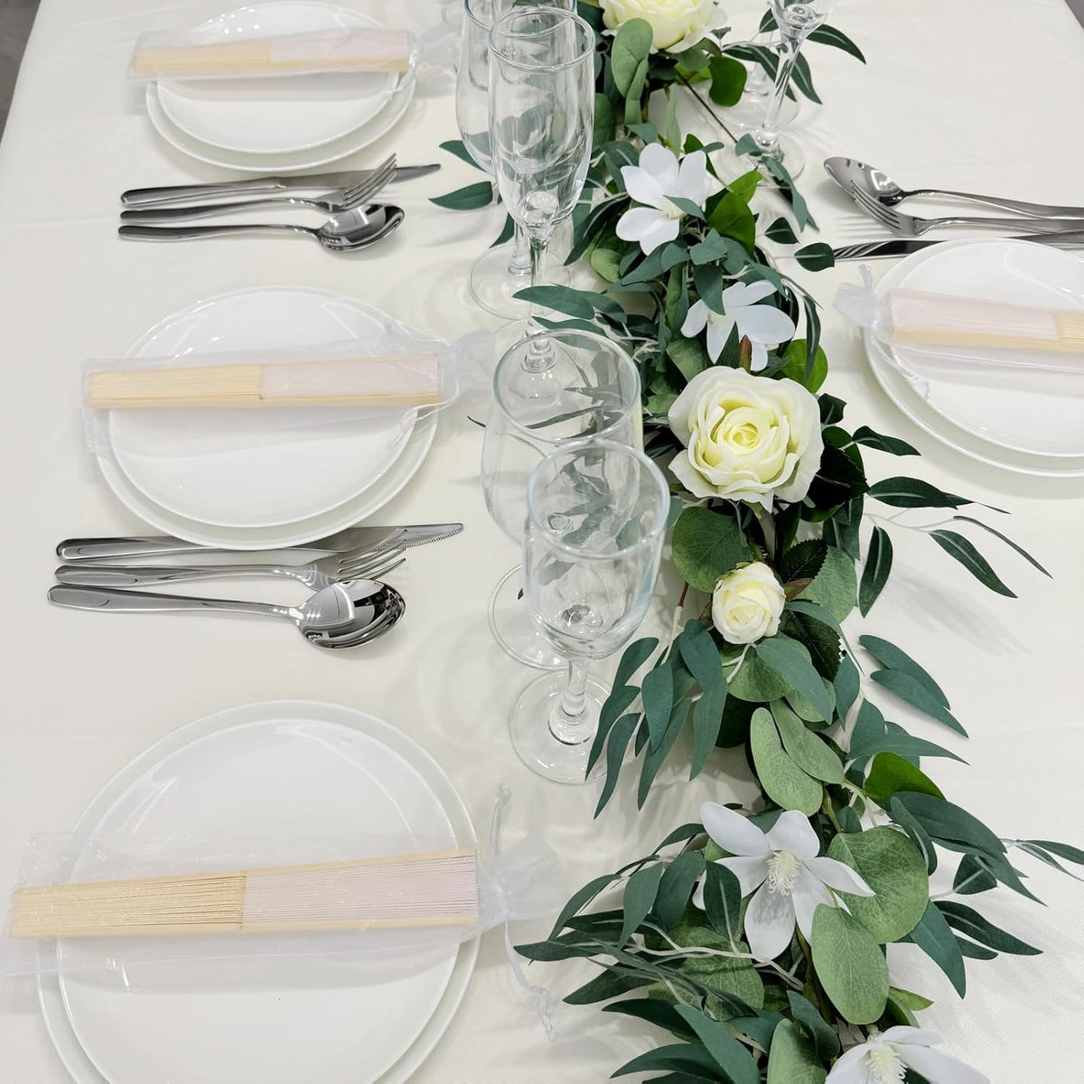 24pcs White Imitated Silk Hand Fan Imitated Silk Fabric Bamboo Handheld Folded Fan Bridal Dancing