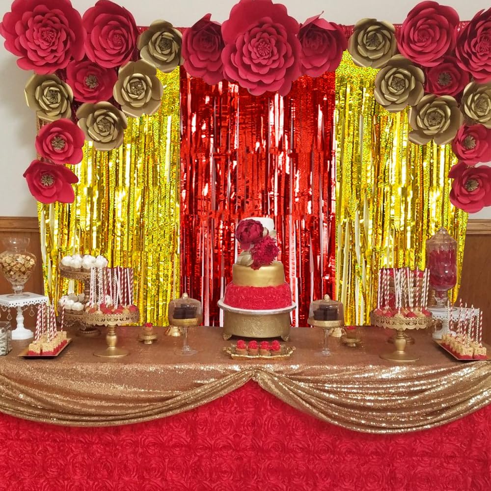 BEISHIDA 4 Pcs Red and Gold Party Streamers Fringe Foil Curtain Backdrop Tinsel Background Party