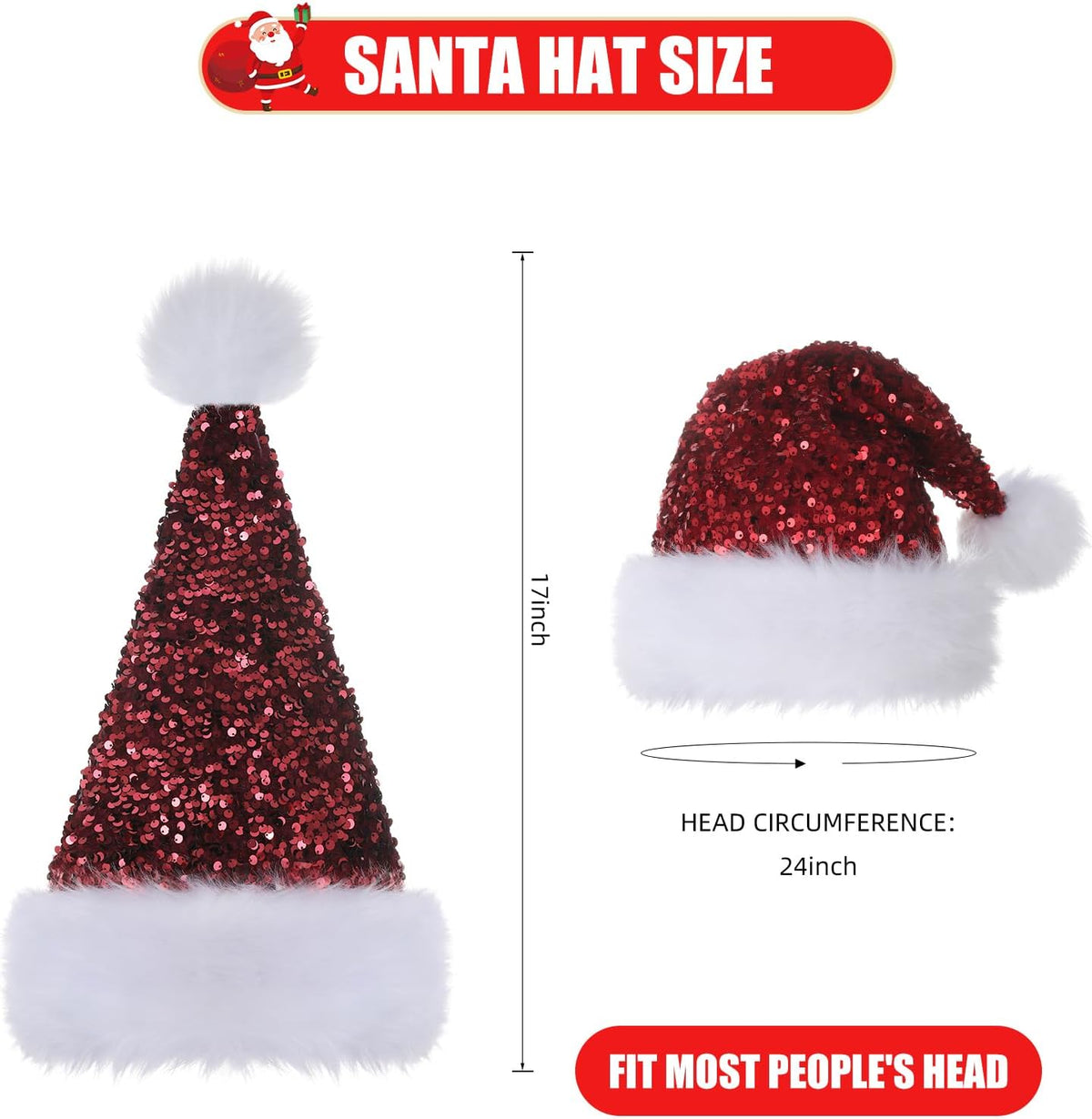 Personalized Sequin Santa Hat for Adults, Red Glitter Christmas Party Hat, Xmas Halloween New Year