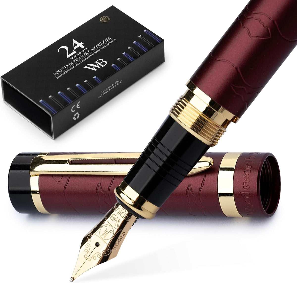 Wordsworth & Black Primori Fountain Pen Set [Red Gold]; Medium Nib, Gift Case, 24 Ink Cartridges