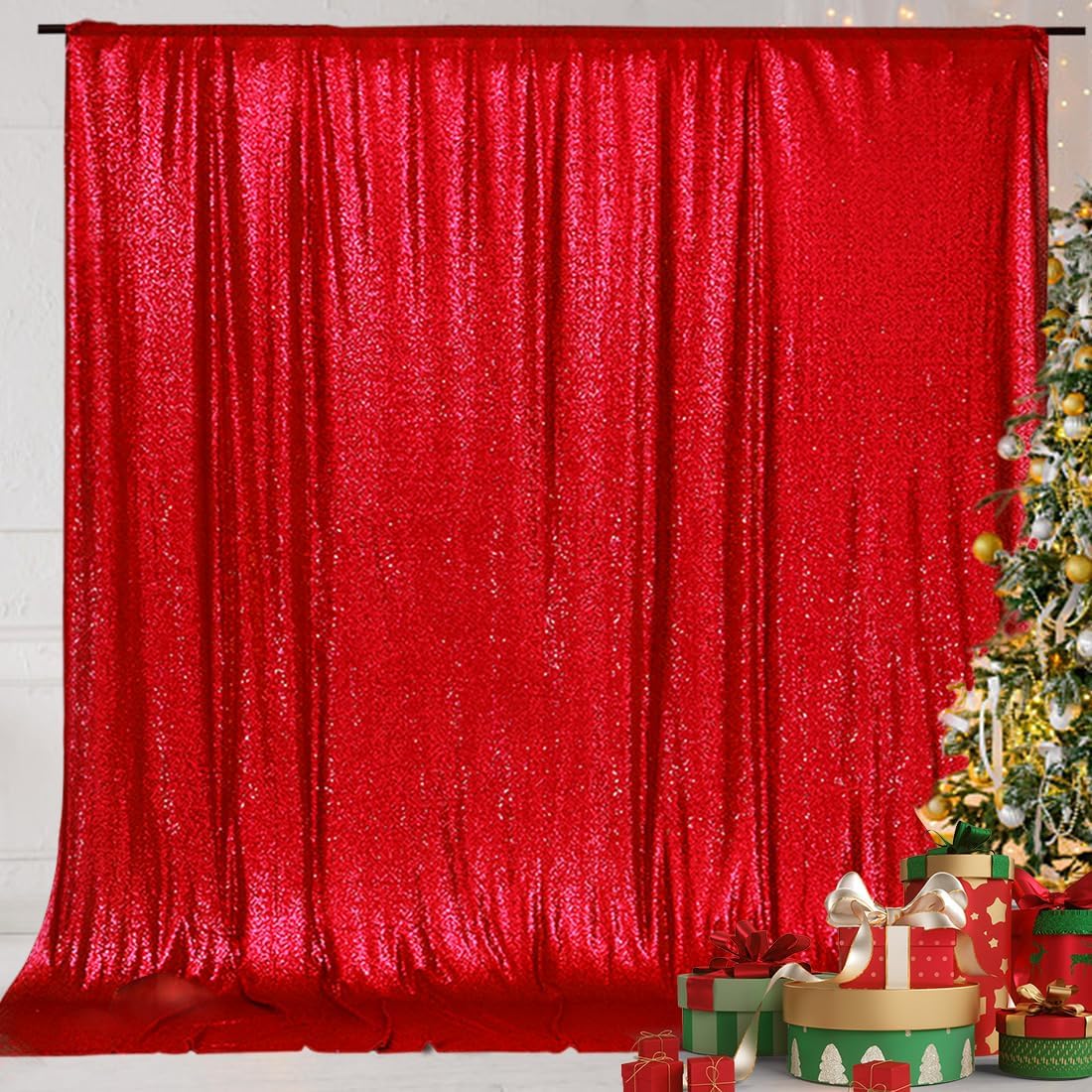 Eternal Beauty Red Sequin Backdrop, 6x8 Ft Glitter Background Curtains for Christmas Shimmer