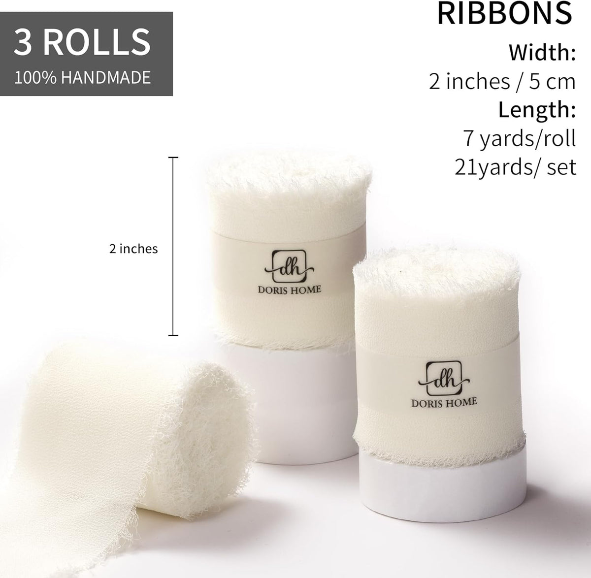 DORIS HOME Cream White Chiffon Ribbon for Flower Bouquet, 2" x21Yd Fabric Ribbon for Gift Wrapping